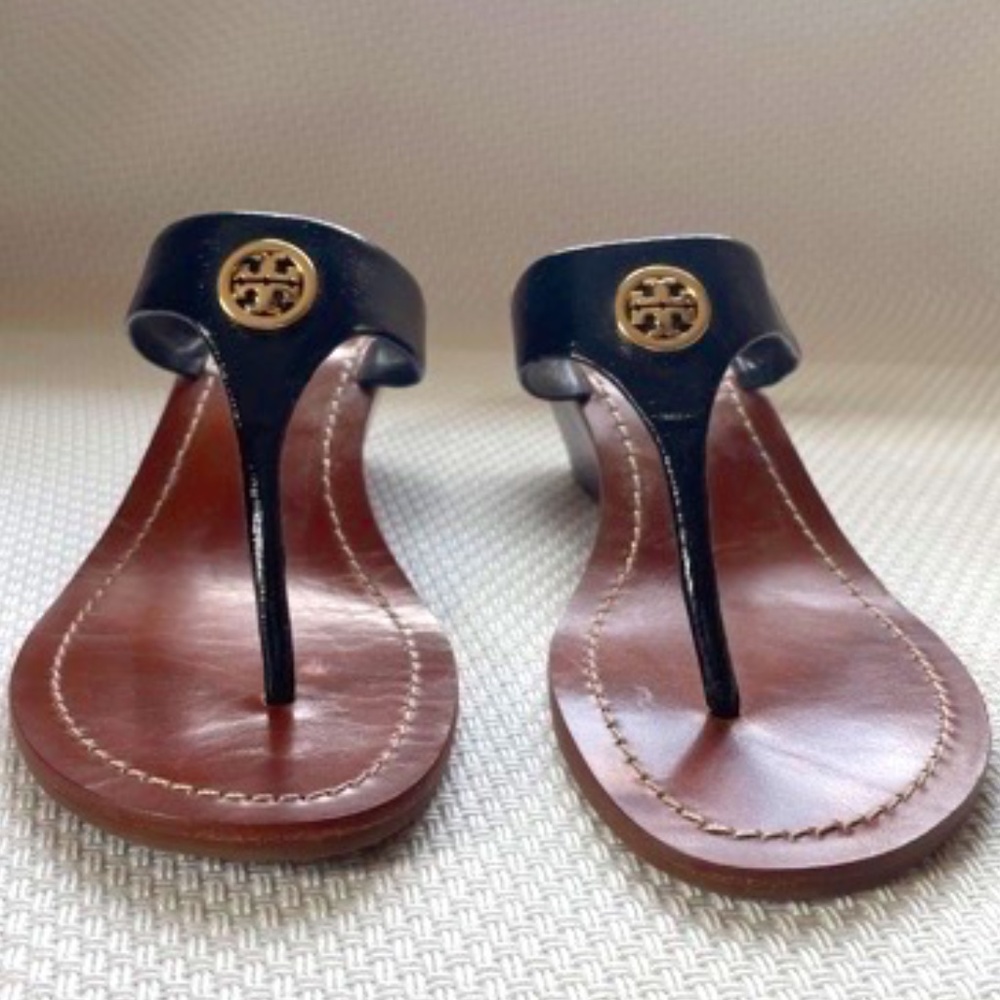 Tori Burch Thong Sandals Black Wedge Heel